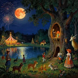 a night carnival around a magical tree cavity, with a surreal orange moonlight and fireworks in the background, next to a lake with iridiscent water, christmas lights, folklore animals and people disguised as fantastic creatures in a magical forest by summer night, masterpiece painted by norman rockwell, frank frazetta, and syd mead, dark night environment