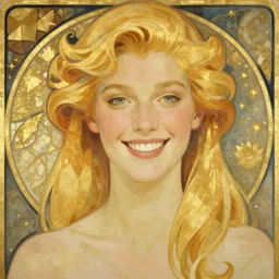 blonde, art by mucha and hingre, happy, portrait, smiling, french, friendly, bright, clever, knowing, flat colors. champagne, gold, love