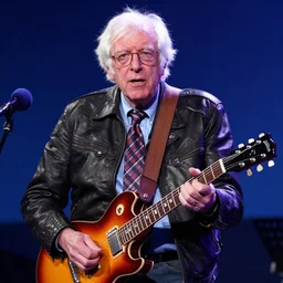 bernie sanders with long hair and a leather jacket, playing electric guitar