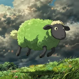 a flying green sheep, studio ghibli