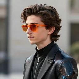 Timothee Chalamet in MATRIX wearing futuristic clothes, portait photo, profile picture, hyperrealistic, concept art, orange sunglasses, day time, octane render, unreal engine 5, digital art, high quality, highly detailed, 8K, cute, defined face, elegant clothes, trending on DeviantArt