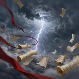 Storm of scrolls and red ribbons. Scrolls. Clouds, lighting. Fantasy, digital painting, HD, 4k, detailed.