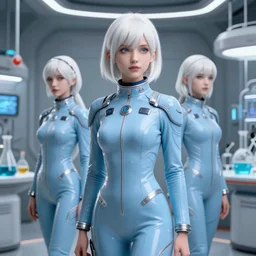 line of derpy women with white hair, tight light blue neopren space uniforms, futuristic chemistry lab, sci - fi, highly detailed, cinematic