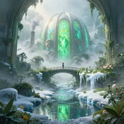 futuristic alien domed landscape, ornate, beautiful, atmosphere, vibe, mist, smoke, chimney, rain, reflection, pristine, puddles, waterfall, melting, dripping, snow, creek, lush, ice, bridge, green, stained glass, forest, flowers, concept art illustration, color page, 4 k, tone mapping, doll, akihiko yoshida, james jean, volumetric lighting, sunbeams, particles, trending on artstation