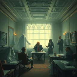 a group of ghost in the room office trump, nuri iyem, james gurney, james jean, greg rutkowski, anato finnstark