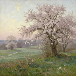 a beautiful landscape, springtime morning, by george inness, oil on canvas, luminism, hyperrealism