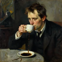 dale cooper drinking coffee, coffee spilling, waves of black liquid, painting by jc leyendecker!! phil hale!, lynchian!!!! ominious, dark lighting, angular, brush strokes, painterly, vintage, crisp