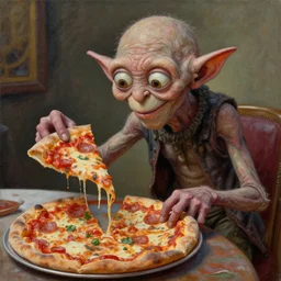 gollum discovers pizza, oil on canvas, intricate, 8 k highly professionally detailed, hdr, cgsociety,