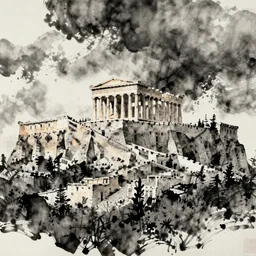 Greek acropolis, ink painting, the style of painter Qi Baishi