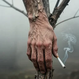 photographic portrait of a wrinkly sad hand, dried melting tree in fog, cigarette smoke, by max ernst and alfred pellan
