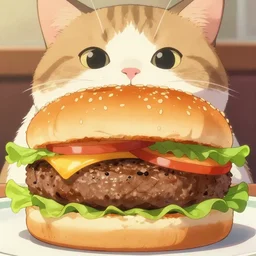 full close up image burger food, in front of a cat, cat, cat, close up, full image, food, burger, hamburger, tasty look, artstation, style of jesper ejsing, by rhads, makoto shinkai and lois van baarle, ilya kuvshinov, rossdraws
