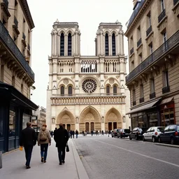 Paris 10 years after second world war, on the rue notre dame. Photo taken in 2022, in colour.