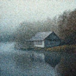 a house on a lake, cinematic composition, fog