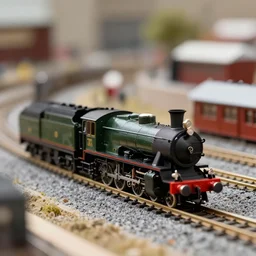 high quality presentation photo of a model railway with model steam trains, photography 4k f1.8 anamorphic bokeh 4k Canon Nikon