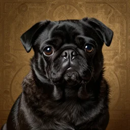 portrait of black pugalier dog, by caravaggio, immense detail, intricate background