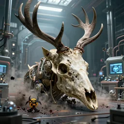 an epic scifi 3 d mattepainting and photobash of a massive head skull deer in the laboratory with style of gothic, hyper - realist, biopunk, mutant with scifi cg, vfx, concept art, riot, bio hazard, by zdislaw beksinski and fvckrender and visualdon, trending on cgsociety, unreal engine
