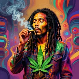 colourful bob marley smoking a blunt, marijuana leaf art, afrofuturist biomorphic opart flowing scifi background, octane render 8 k, pascal blanche, josh kirby, roger dean, james jean, giger, arthur rackham, moebius, syd mead, killian eng beksinski, greg hildebrandt, scifi, 8 k
