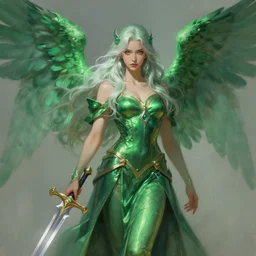 greg manchess painting of a goddess of hunt wearing shiny mythical green clothes, green and white long hair, long wings, large angelic sword, soft lighting, single character art, trending on artstation, by huang guangjian and gil elvgren and sachin teng