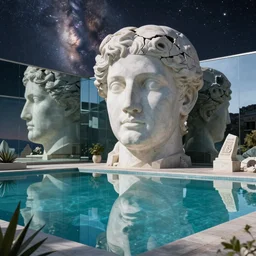 peter tarka, minimalistic, hyperrealistic surrealism, award winning masterpiece with incredible details, epic stunning, infinity pool mirrors, a surreal vaporwave liminal space with mirrors, highly detailed, trending on ArtStation, artgerm and greg rutkowski and alphonse mucha, daily deviation, IAMAG, broken giant marble head statue ruins, nightscape, milkyway