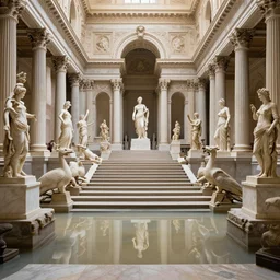 photo piranessi symmetry of flooded vast infinite neoclassic halls and beautiful human statues myriad of huge marble staircases minotaur gods pelicans helenistic classic statues sculptures decrepit derelict abandoned - t