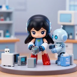 color digital photo of ball - jointed dolls inside a diorama of a laboratory : : a cute female long - haired robot inspired by mega man is repairing computers. she is being helped by a robot that resembles a household appliance.