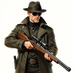 blonde viktor reznov from call of duty : world at war with a coat, a blonde goatee, short hair, fedora, and sunglasses, holding a wooden sniper rifle, establishing shot, art by yoji shinkawa, metal gear concept art