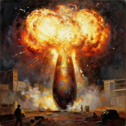 An atom bomb explosion in Mumbai, by Thomas Cole, by Carl Gustav Carus, oil on canvas, masterpiece, trending on ArtStation