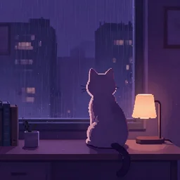 cat sitting on a desk with a lamp, looking outside a window, rainy city at night, moody dark violet color palette, lofi anime pixel art illustration