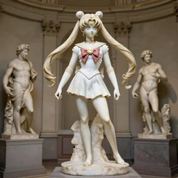 an ancient greek statue of the sailor moon in her battle uniform sailor fuku, inside louvre by michelangelo and donatello, white marble, studio lighting, professional photography, 4 k ultra hd resolution,