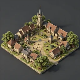 Isometric 3D model of a medieval village, highly detailed, Unreal Engine, Blender, 4K