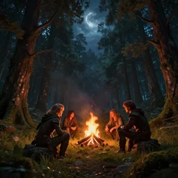 clearing in an old fantasy forest, 4 characters gathered arounda campfire, nightsky, cinematic view, epic sky, detailed, concept art, low angle, high detail, warm lighting, grimm scene, volumetric, godrays, vivid, beautiful, trending on artstation, by jordan grimmer, huge scene, grass, art greg rutkowski