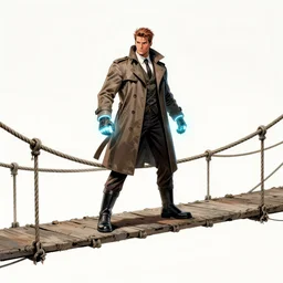 comic book art of a [ man ] in trenchcoat with ( glowing ) [ gloves ] and [ boots ] crossing a [ old ] [ rope ] bridge above a [ crevasse ] [ mountain in the background ] made of crystalized pink rock, a [ glowing tower ] extends into the sky, low angle, artstation illustration, elegant, arcane by tim doyle
