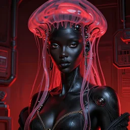portrait of an absurdly beautiful, graceful, sophisticated, fashionable black cyberpunk mechanoid gravure idol, hyperdetailed illustration by irakli nadar, matt wisniewski style, intricate linework, dark black porcelain skin, jellyfish headdress, brown eyes, unreal engine 5 highly rendered, global illumination, red light, detailed and intricate environment