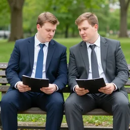 two clean - shaven chubby white men in suits and neckties sitting on a park bench, holding manila folders.
