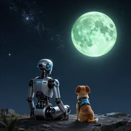 Photo of a cyborg and his robo-dog sitting on the ground facing back on a far away planet at night looking at the galaxy to see a giant green moon