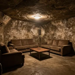 an underground living room, artificial lighting, underground, no windows