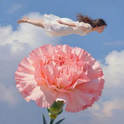 closeup, giant carnation flower head, woman flying, surreal, clouds in sky, impressionist painting, digital painting, artstation, rob gonsalves
