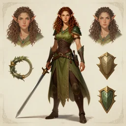a fantasy curly haired female elf druid character design sheet, trending on artstation