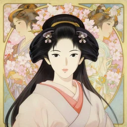 symmetric portrait of beautiful sakura samurai girl, japanese anime style, dreamlike, clean elegant painting, beautiful detailed face. by artgerm and greg rutkowski and alphonse mucha, by studio ghibli painting, by joaquin sorolla rhads leyendecker, by ohara koson and thomas