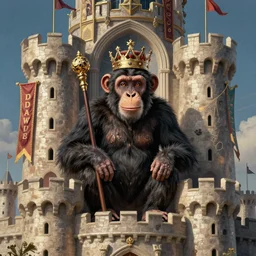 A computer art that features a chimpanzee surrounded by a castle turret. The chimp is shown wearing a crown and holding a scepter, and the castle is adorned with banners. biopunk by Eyvind Earle, by Nikolina Petolas kaleidoscopic
