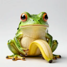 a frog made of banana, close - up professional photography, white background, studio lighting