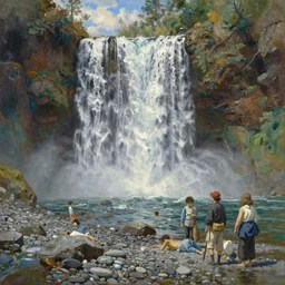 a waterfall cascading onto a pebble beach, extremely detailed oil painting, rhads, sargent and leyendecker, savrasov levitan polenov, bruce pennington, studio ghibli, tim hildebrandt, digital art, landscape painting, trending on artstation, masterpiece