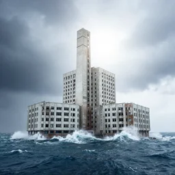 high key lighting, danila tkachenko, photograph of an abandonet soviet building bloc in the middle of the ocean, lighting storm,
