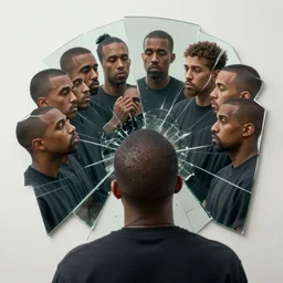 a photo of kanye west looking into a shattered mirror with different versions of him splitting in the mirror, 8 k concept art, first person, 3 d, detailed faces, melancholy, calm, nostalgic