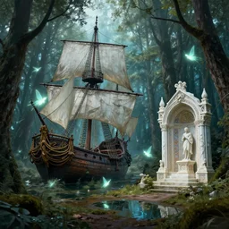 an abandoned magic sailing ship in the heart of a fantasy forest of arthurian legend, bright fairies glowing incandescently in the ether, a few puddles of mystic water, to the side is a marble shrine of elvish origin, painted ruan jia raymond swanland lawrence alma tadema zdzislaw beksinski norman rockwell tom lovell alex malveda greg staples