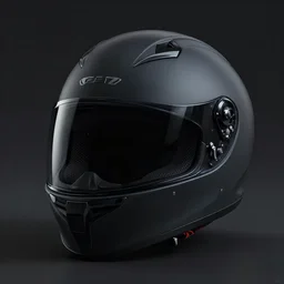 realistic 3 d render of a full face black motorcycle helmet with a black visor in a dark environment, octane render, 8 k