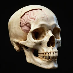 a skull, with a cutaway opening showing brains inside, 3D render