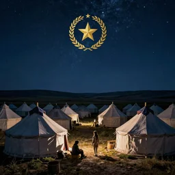 painting of Turkish tents in a starry night in steppes,