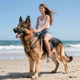 girl riding a giant German shepherd at the beach, trending on artstation