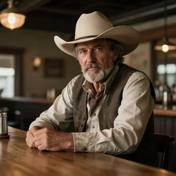 an old western cowboy in a modern bar, realistic
